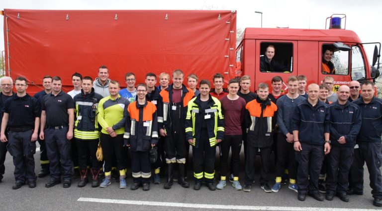 Foto: "Abgekämpfte" Lehrgangsteilnehmer mit ihren Ausbildern direkt nach einer Ausbildungseinheit im Chemikalienschutzanzug, daher auch teilweise mit reduzierter persönlicher Schutzausrüstung